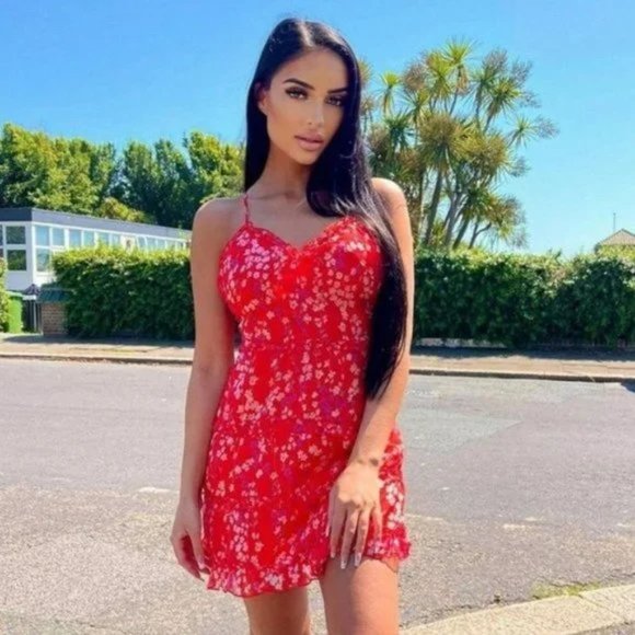 Red Floral Print Sleeveless V-Neck Open Back Backless Mini Dress - Picture 4 of 7